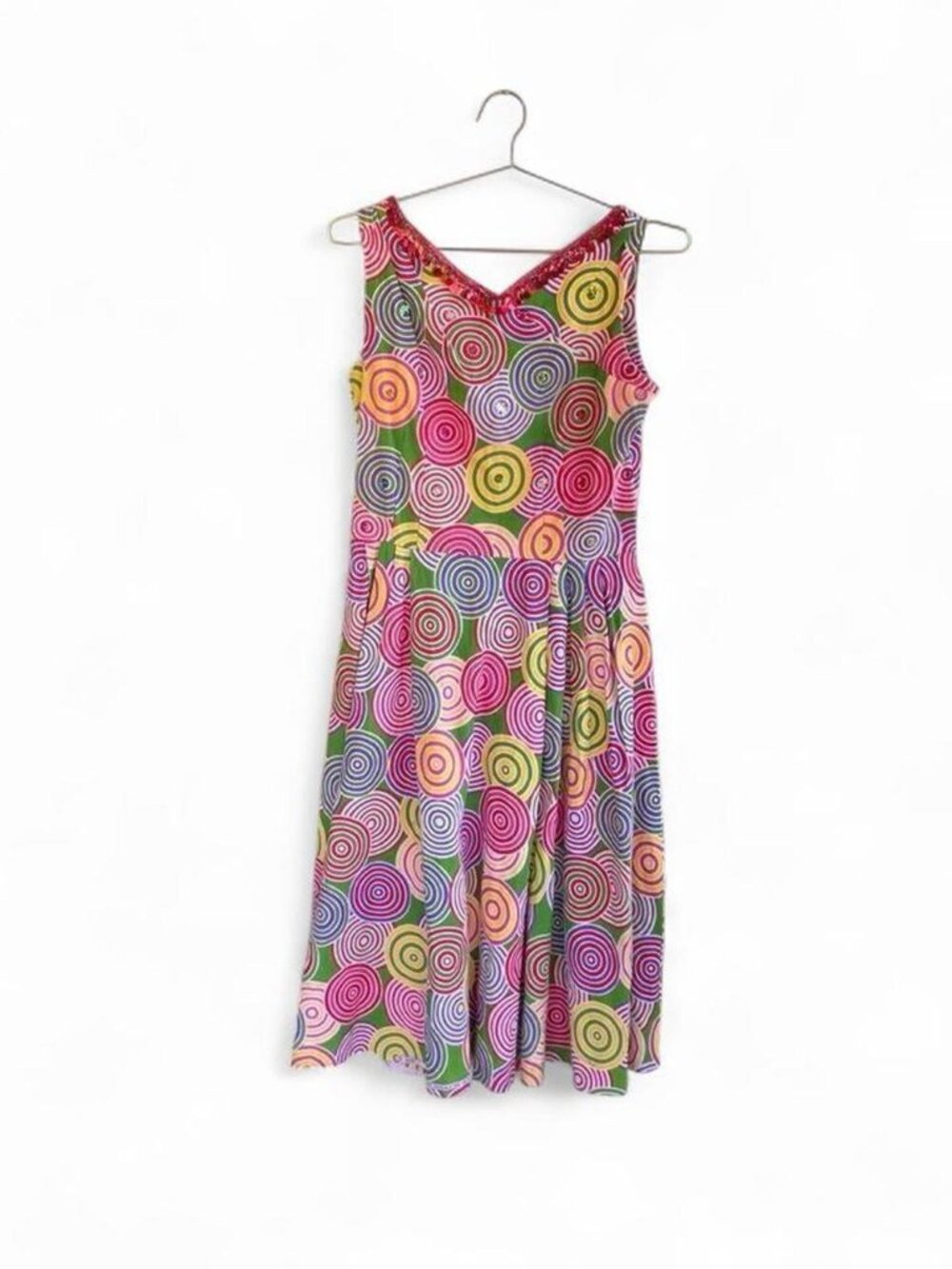 Retro Handmade Psychedelic Bullseye Circle Print Midi Dress - M/L